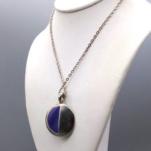 Vintage Reversible Circle Pendant Necklace, Silver Tone on Chain